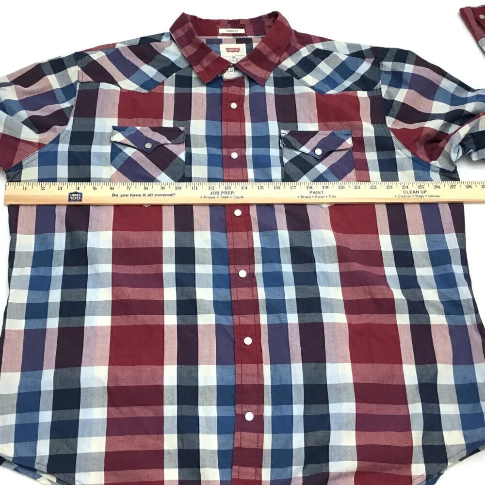 Levi's Shirt Men's Blue Burgundy Plaid Snap Front Long Sleeve Western XXL